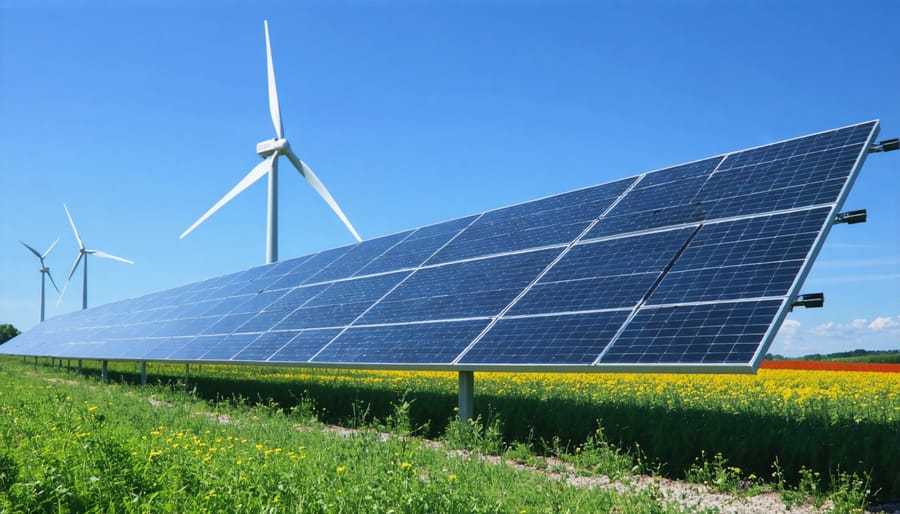 Renewable energy sources, including solar panels and wind turbines, set against a picturesque European backdrop