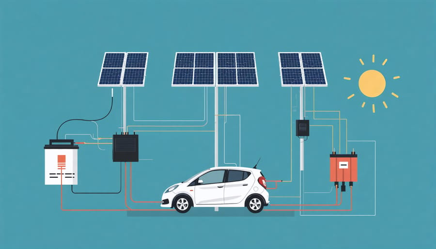 Schematic illustration of integrating a repurposed car battery with solar panels and an inverter