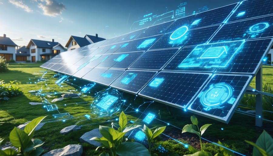 A futuristic cityscape featuring smart solar panels with digital displays overlaying real-time energy data, illustrating the integration of solar technology into modern urban life.