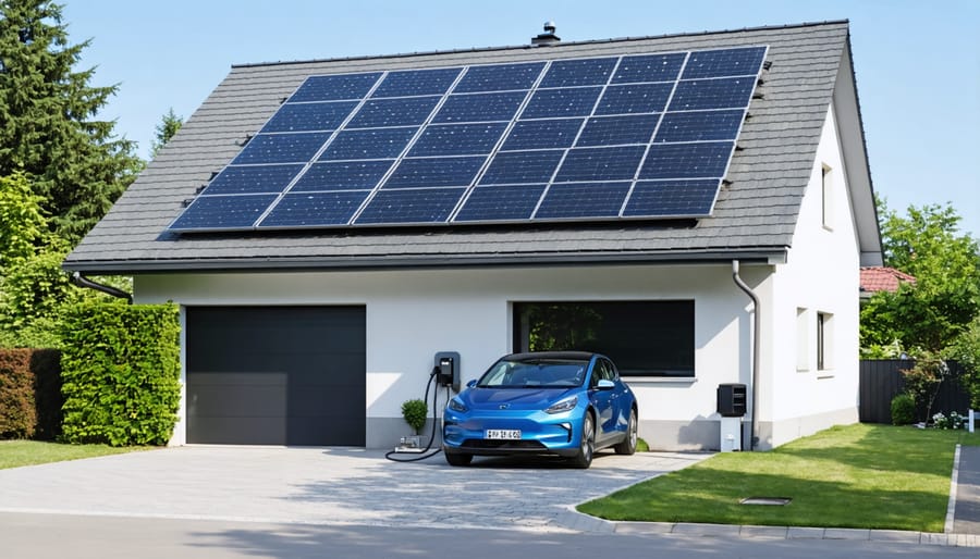 Rooftop solar panels charging an electric vehicle parked in a home's driveway