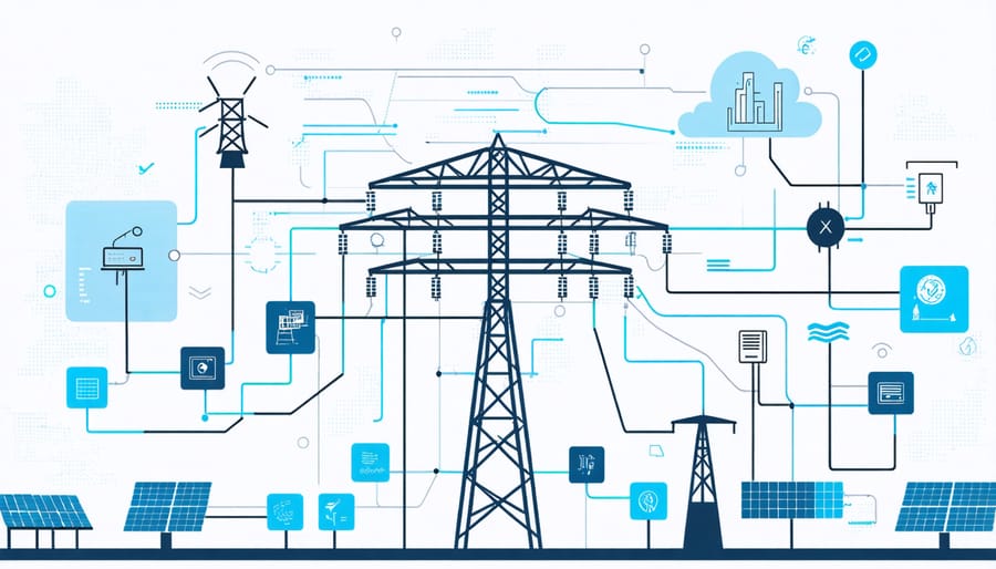 Schematic representation of a smart grid infrastructure showcasing the integration of renewable energy sources