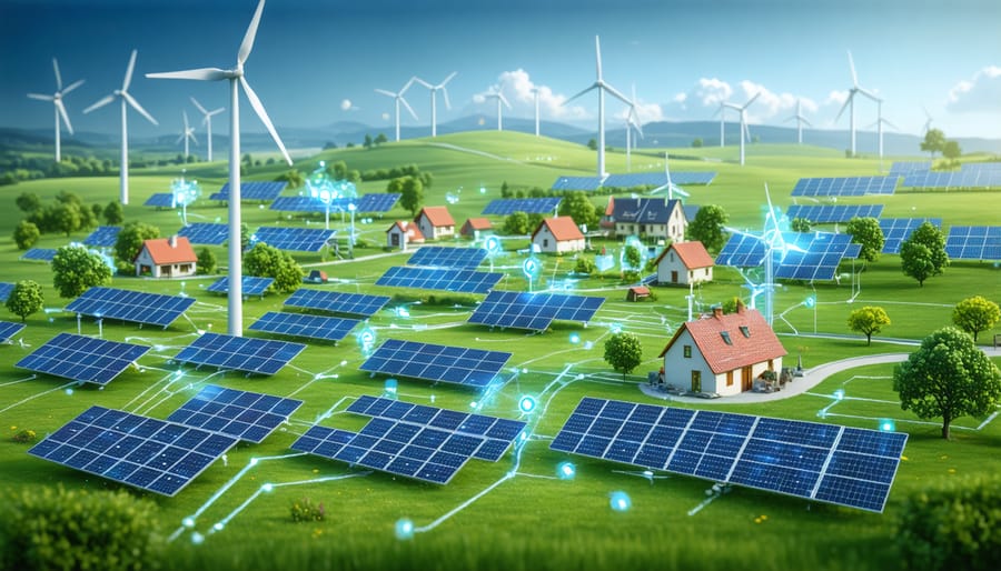 Conceptual representation of Europe embracing sustainable energy through the integration of solar panels, wind turbines, and smart grid technology into a harmonious landscape.