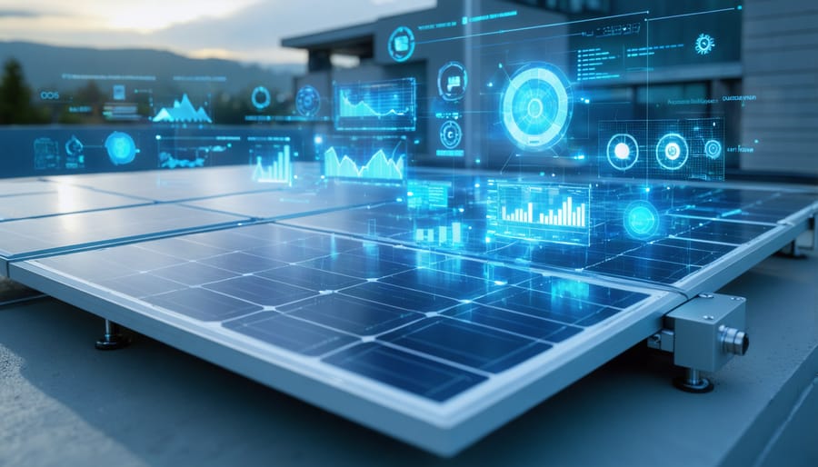 Illustration of a high-tech solar battery surrounded by digital graphs and dashboards, symbolizing advanced real-time monitoring and analytics.