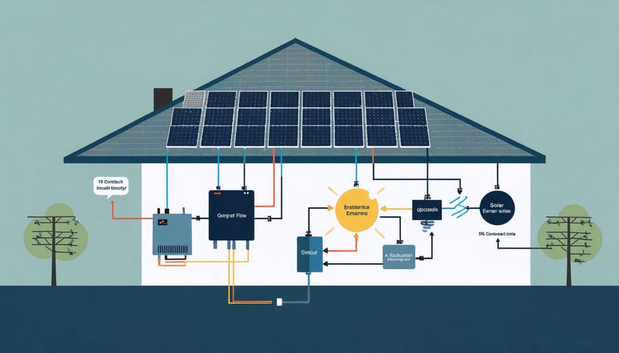 Illustration of a solar panel connected to a battery storage system and home electrical system