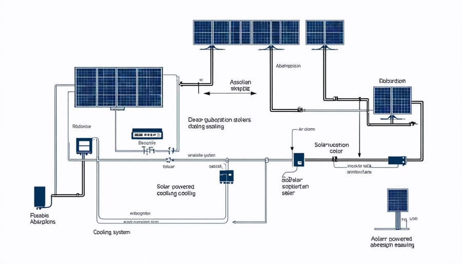 Schematic illustration of a solar cooling system with solar panels, absorption chiller, and heat exchanger