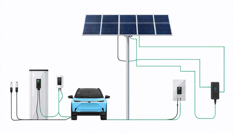 Schematic of a DIY solar EV charging station setup with solar panels, charge controller, inverter, and EV