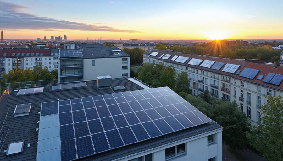 A futuristic European city at sunrise featuring solar panels on homes and office buildings, symbolizing the growth of solar energy through diverse financing options.