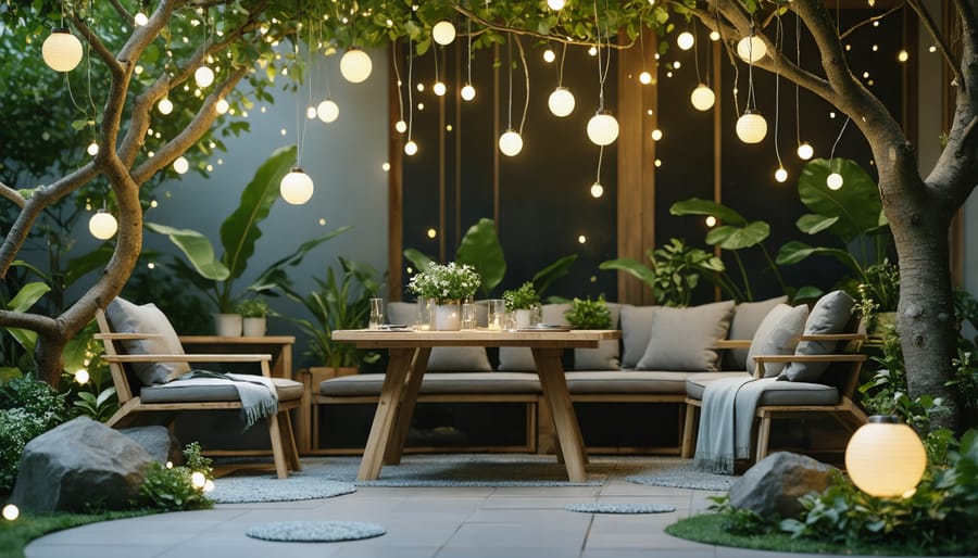 Solar lanterns providing soft, warm lighting in a cozy garden seating area