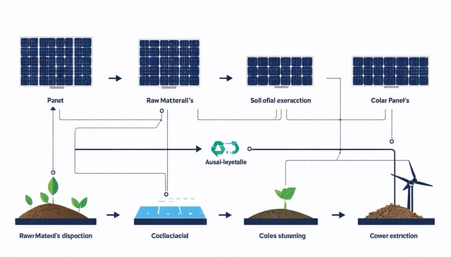 Life cycle diagram of a solar panel, illustrating the stages from cradle to grave