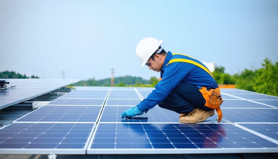 Solar technician cleaning and inspecting commercial solar array