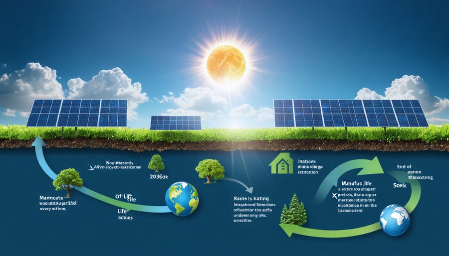 Conceptual illustration showing the life cycle of a solar panel, depicting stages from raw material extraction to recycling, emphasizing sustainability and renewable energy.