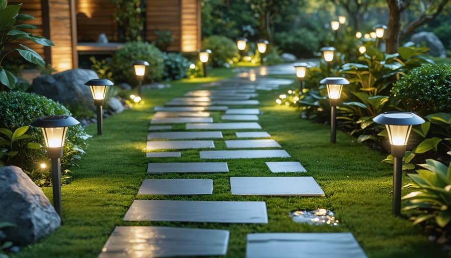 Solar path lights illuminating a walkway and guiding visitors to a solar-powered water feature