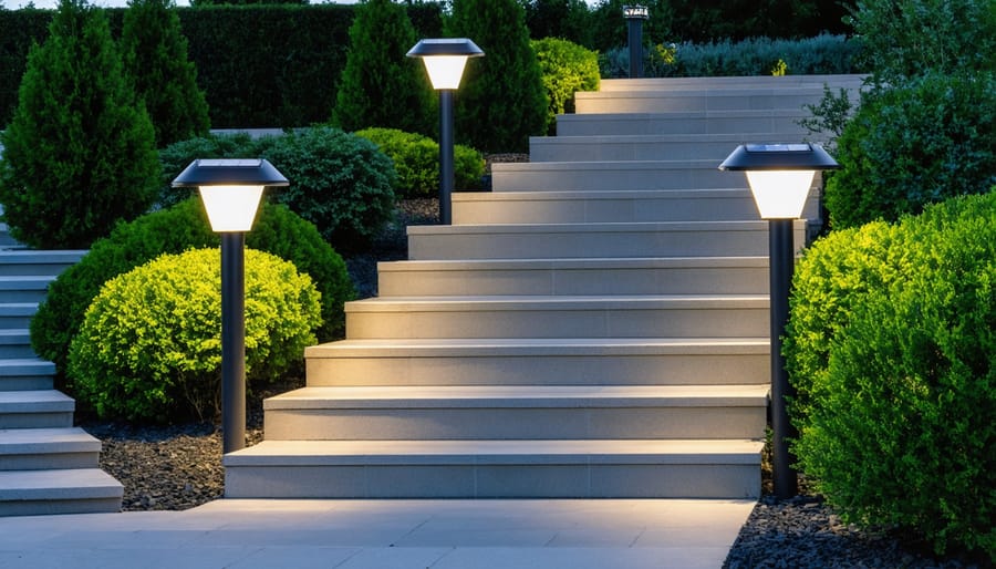 Post-mounted solar lights lining the edges of outdoor stairs for visual interest and safety