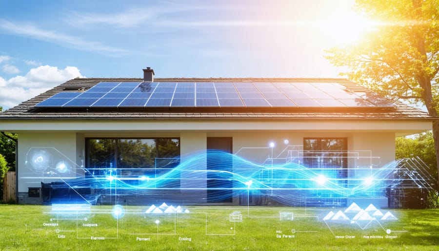 A home with rooftop solar panels capturing sunlight, symbolizing energy being converted into cooling for the home, demonstrating the concept of solar-powered cooling.