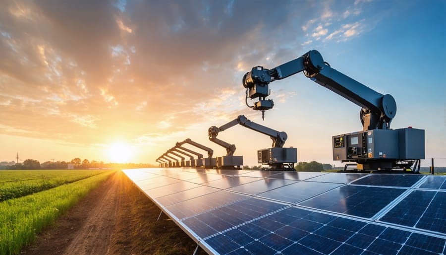 Solar-powered machinery operating under a sunrise in a European industrial landscape, symbolizing energy innovation and sustainability.