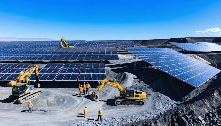 Open-pit mine with solar panels powering mining equipment, symbolizing the shift to renewable energy sources in the mining industry.