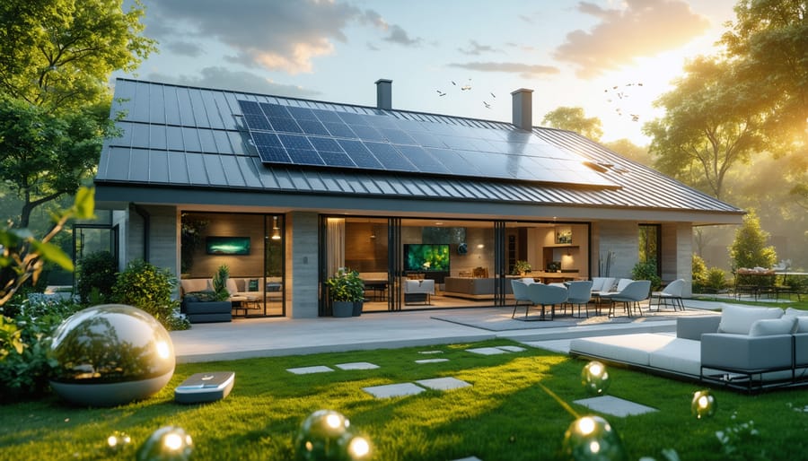 A modern home featuring INOX Solar panels on the roof, surrounded by greenery, with smart home devices integrated, showcasing a sustainable and advanced living environment.