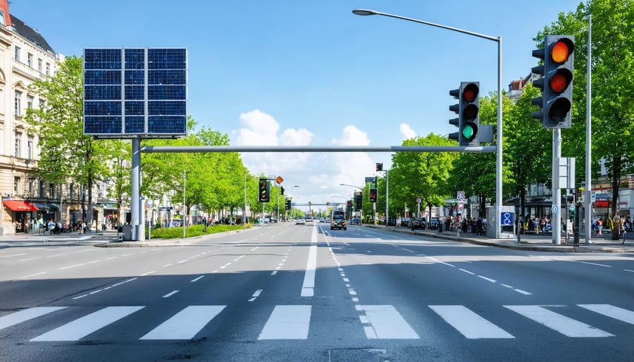 Solar-powered traffic signals at a European city intersection, demonstrating sustainable urban transportation innovation under a sunny sky.