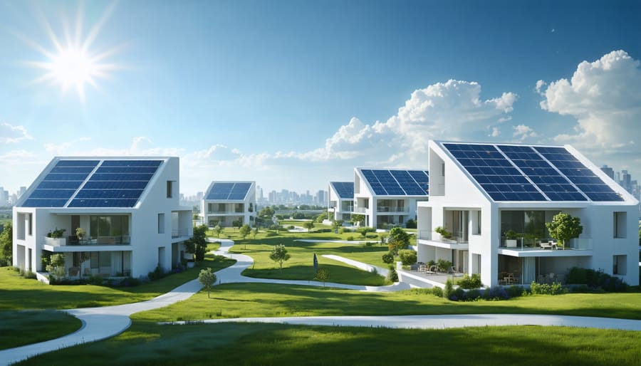 Conceptual illustration of modern homes in a sustainable city, showcasing solar panel-integrated rooftops under a clear sky.