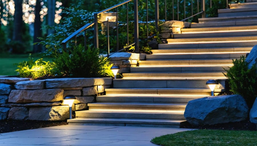 Outdoor staircase illuminated by a mix of recessed and post solar lights at dusk, enhancing safety and ambiance with eco-friendly technology.