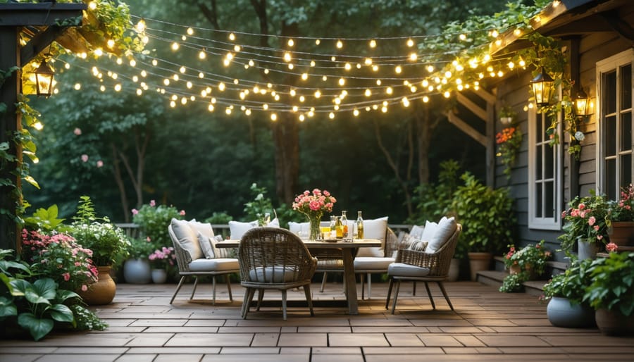 Solar string lights creating a magical ambiance in a garden patio at night