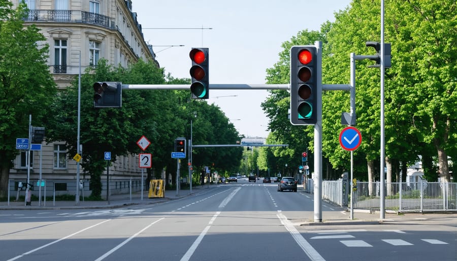 Solar-powered traffic signals installed at a European city intersection