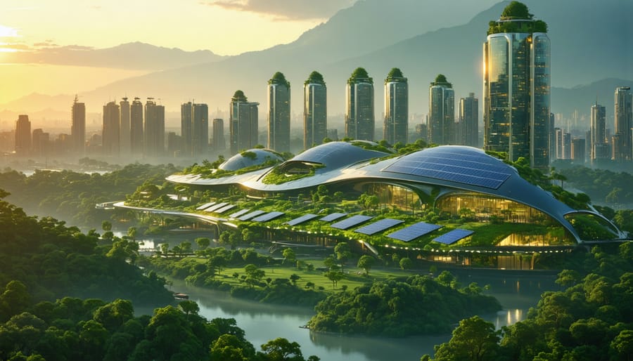 A futuristic city with solar panels and green spaces, illustrating the advancement towards a zero carbon footprint.