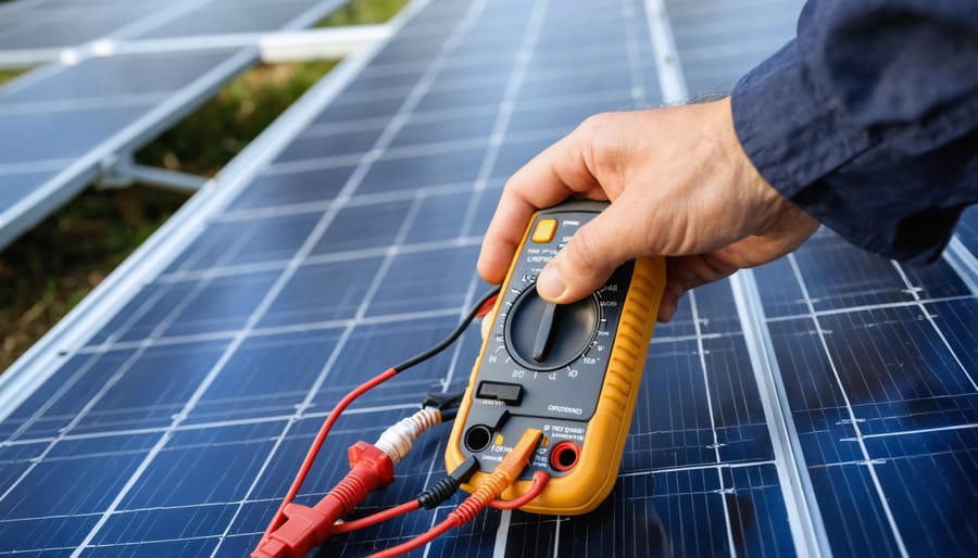 Electrician testing the grounding system of an off-grid solar installation with a multimeter