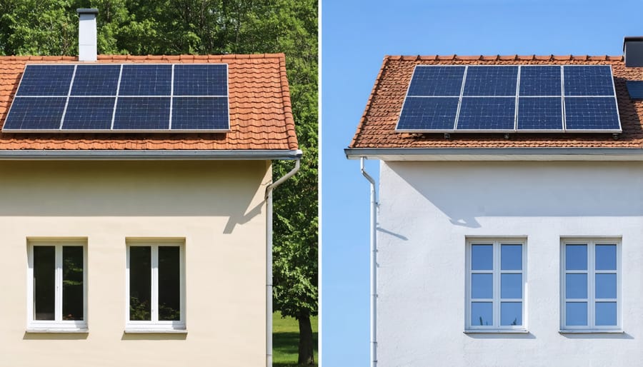 Striking visual contrast between a conventional roof and a modern solar panel roof