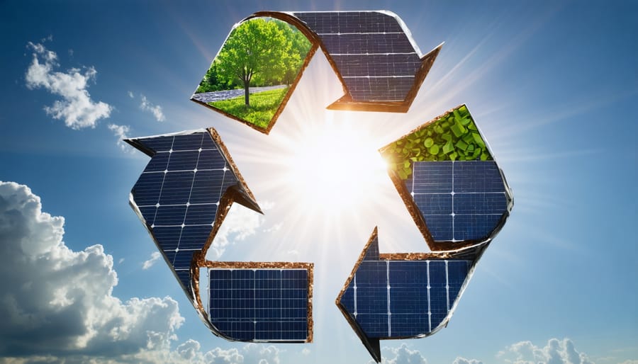 Disassembled solar panel components symbolizing the recycling process and circular economy, with a sun in the background highlighting sustainable innovation in solar energy.