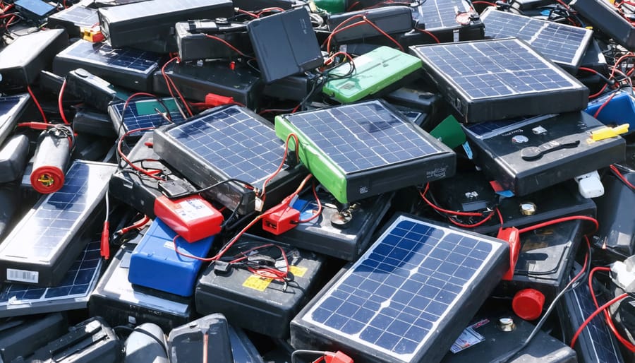 Stack of discarded solar batteries ready for recycling