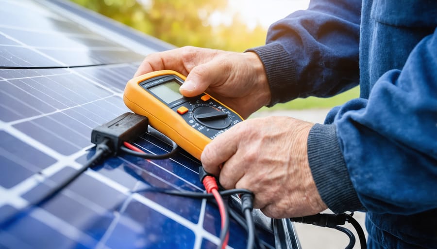 Closeup of hands using a multimeter to check wiring during solar EV charger installation