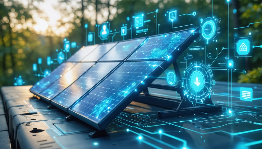 Conceptual depiction of AI analyzing data streams from solar panels and battery systems for predictive maintenance, with digital elements symbolizing real-time monitoring and intelligent analysis.