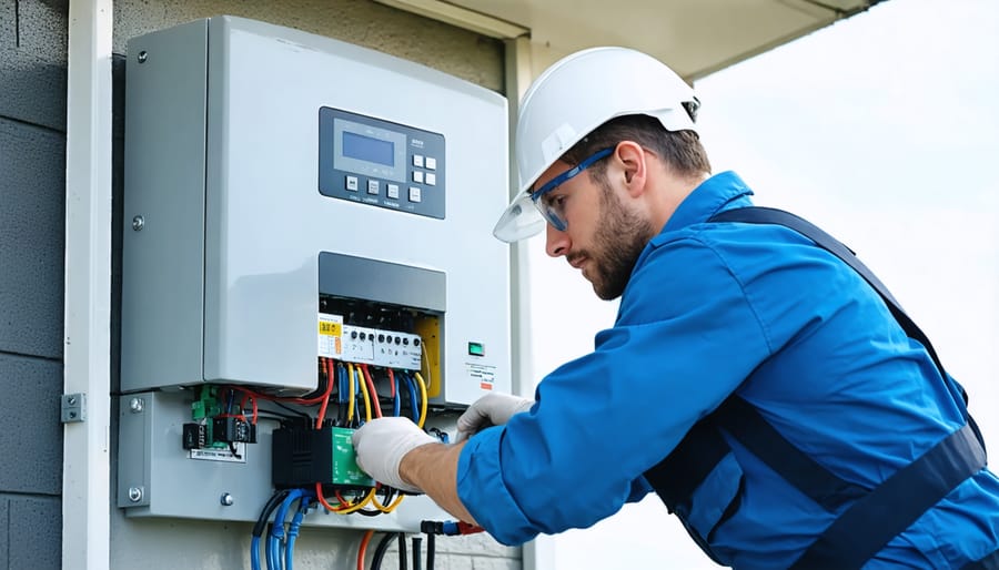 Certified technician mounting a Tesla Powerwall or similar battery system on residential wall