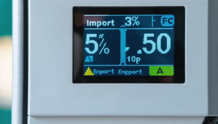 Digital smart meter display showing solar energy export and grid import values