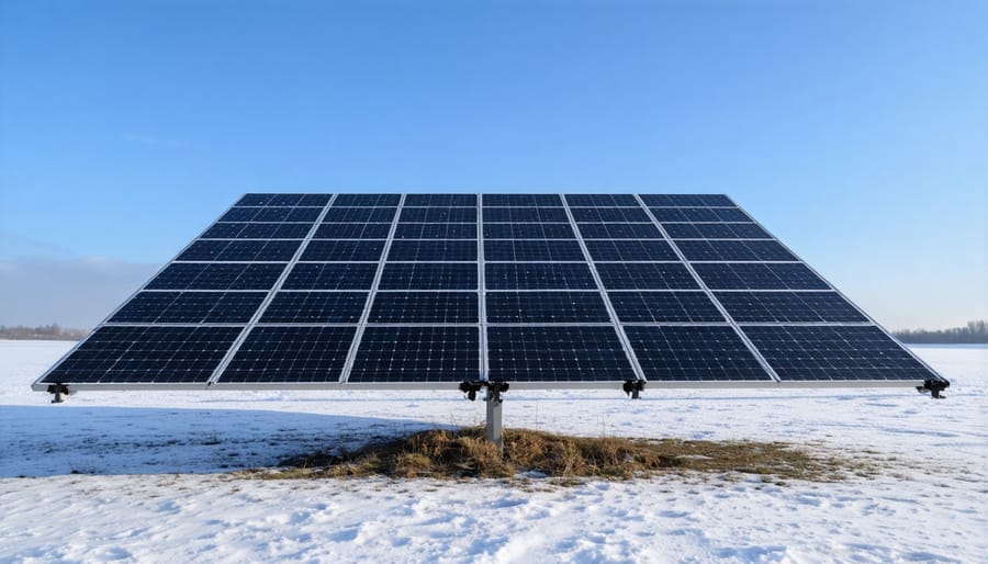 Bifacial solar panels capturing sunlight from both sides with snow reflection visible underneath