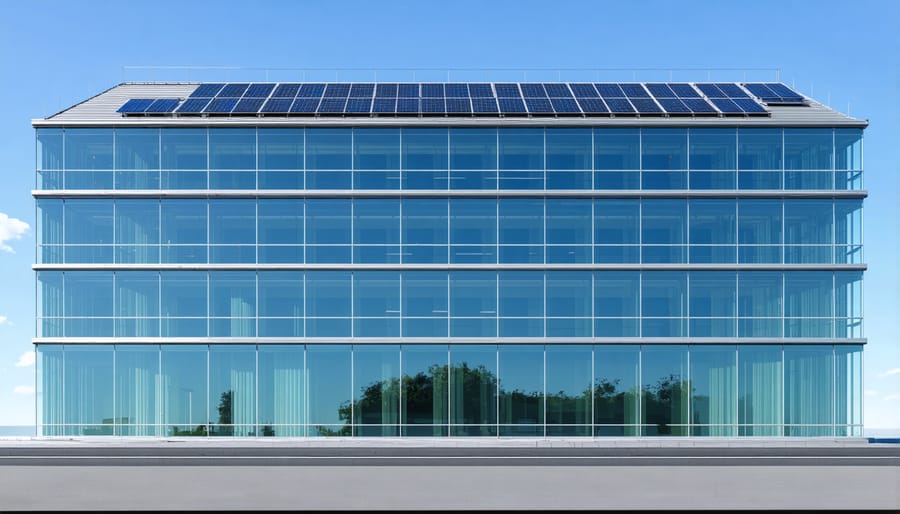 Commercial building showcasing building-integrated photovoltaics in windows and walls