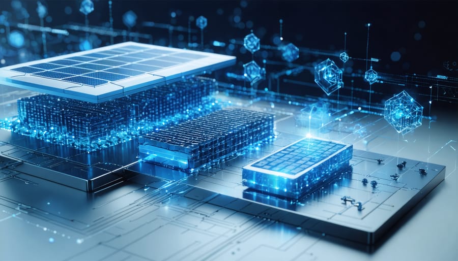 Conceptual illustration of a dual-layer solar battery system, highlighting compact size, enhanced storage capacity, and efficient energy flow patterns.