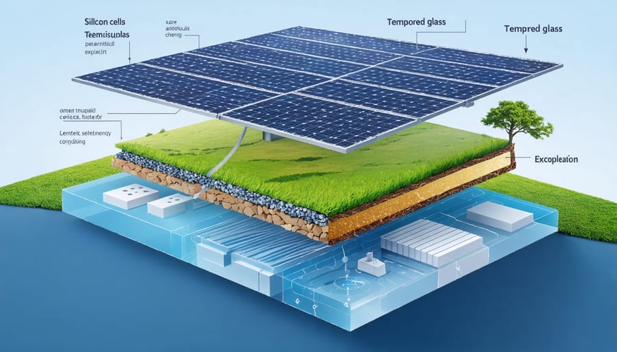 Detailed cross-sectional illustration of a solar panel showing the silicon cells, tempered glass, and encapsulation layers with annotations that explain their roles in solar energy conversion.