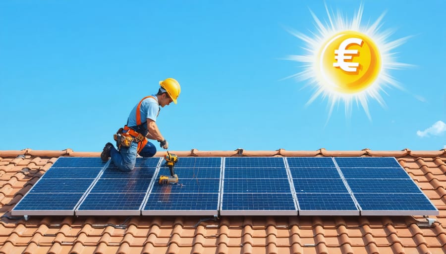 A person wearing safety gear installing solar panels on a roof under a clear sky, symbolizing cost savings and energy efficiency.