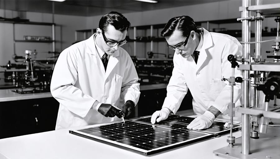 Historical photo of researchers working with early selenium-based solar cells