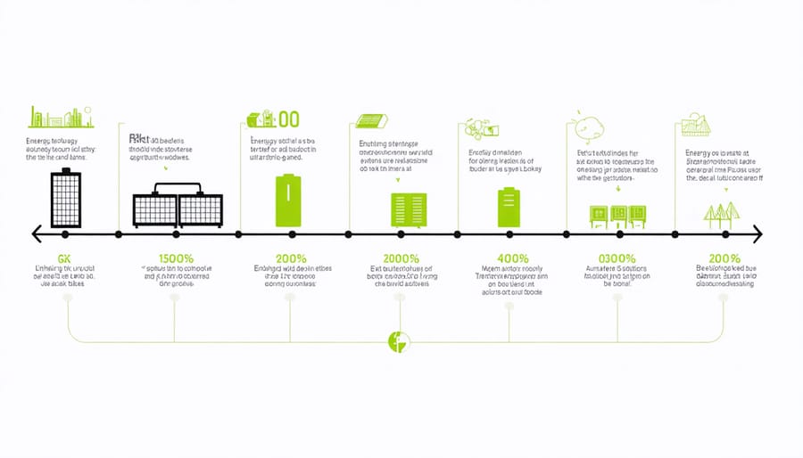 Timeline infographic showing the progression of energy storage technologies from 1800s to present