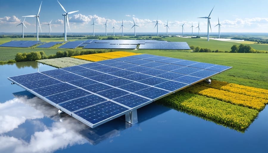 Artistic representation of a new perovskite-silicon solar cell capturing sunlight efficiently, set against a European landscape with wind turbines and solar farms.