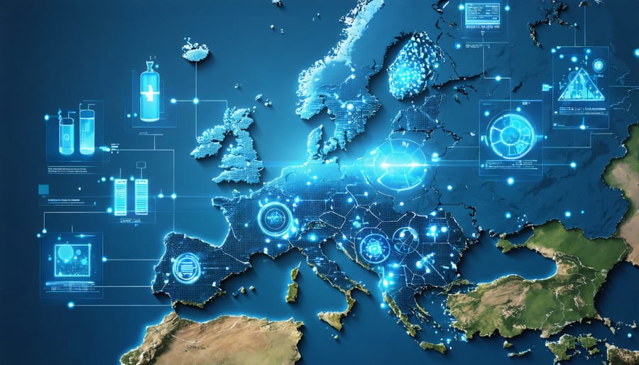 Conceptual image showcasing diverse energy storage technologies across Europe with visual elements like solid-state batteries and hydrogen fuel systems against a European map backdrop.