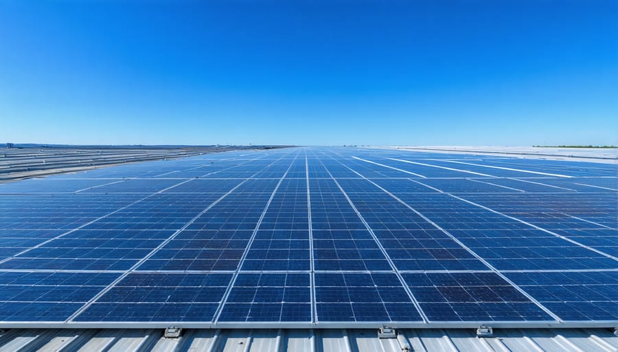 Aerial view of an industrial facility in Europe with extensive rooftop solar panels installed, symbolizing the shift towards sustainable energy solutions and technological advancement.