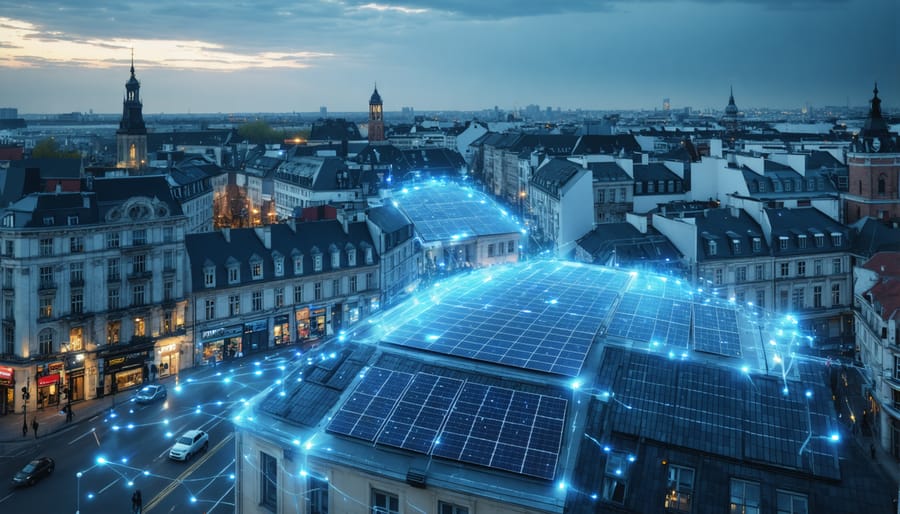 A vibrant European city showcasing integrated solar panels and battery storage systems, representing the revolution of microgrid energy storage and power independence.