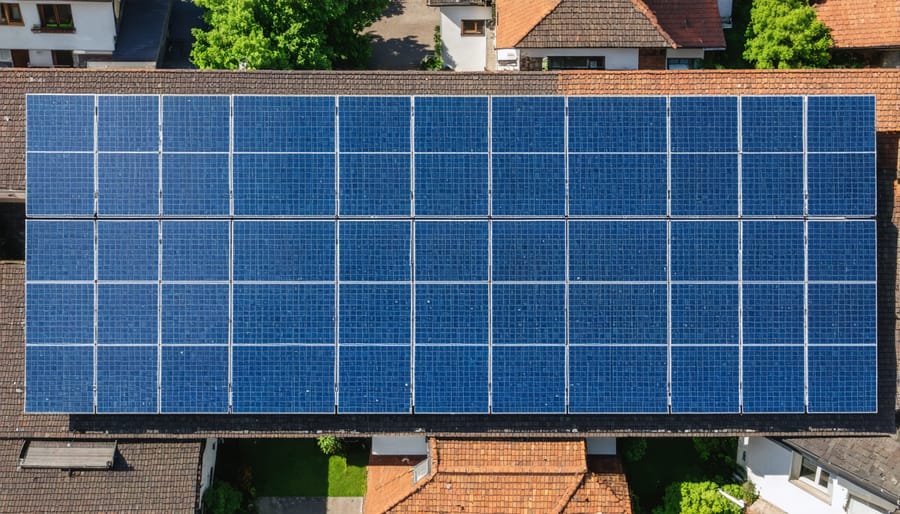 Birds-eye view of solar panels installed across a neighborhood of residential homes in Europe