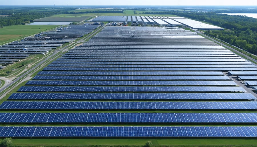 Modern solar panel production facility in Europe with assembly lines and quality control stations