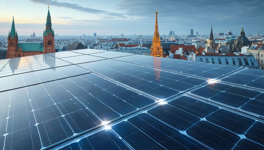 A futuristic European cityscape featuring advanced solar panels, including transparent solar cells and integrated solar designs, showcasing the transformation of renewable energy across Europe.