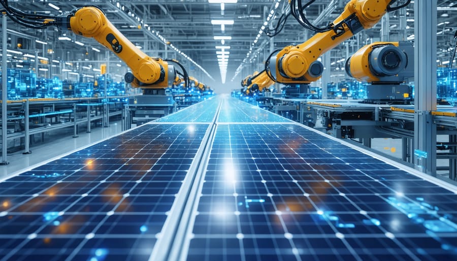 Advanced solar panel manufacturing line in Europe featuring robotic arms and AI systems integrating perovskite-silicon cells, showcasing futuristic production technology.